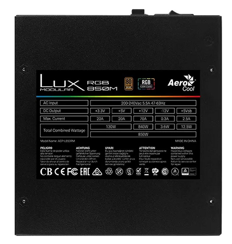 Aerocool LUX RGB 850W ATX MODULAR PSU 80+ BRONZE 5 Aerocool LUX RGB 850W ATX MODULAR PSU 80+ BRONZE - Imagen 3